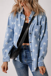 Star Print Light Wash Raw Hem Denim Jacket-PRE SALE